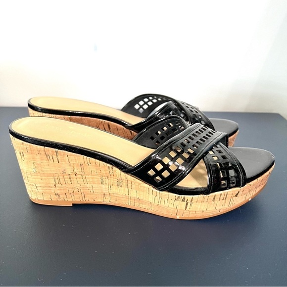 Kate Spade Tawny Black Patent Leather Natural Cork Peep Toe Wedge Sandals Size 9 - Picture 7 of 16